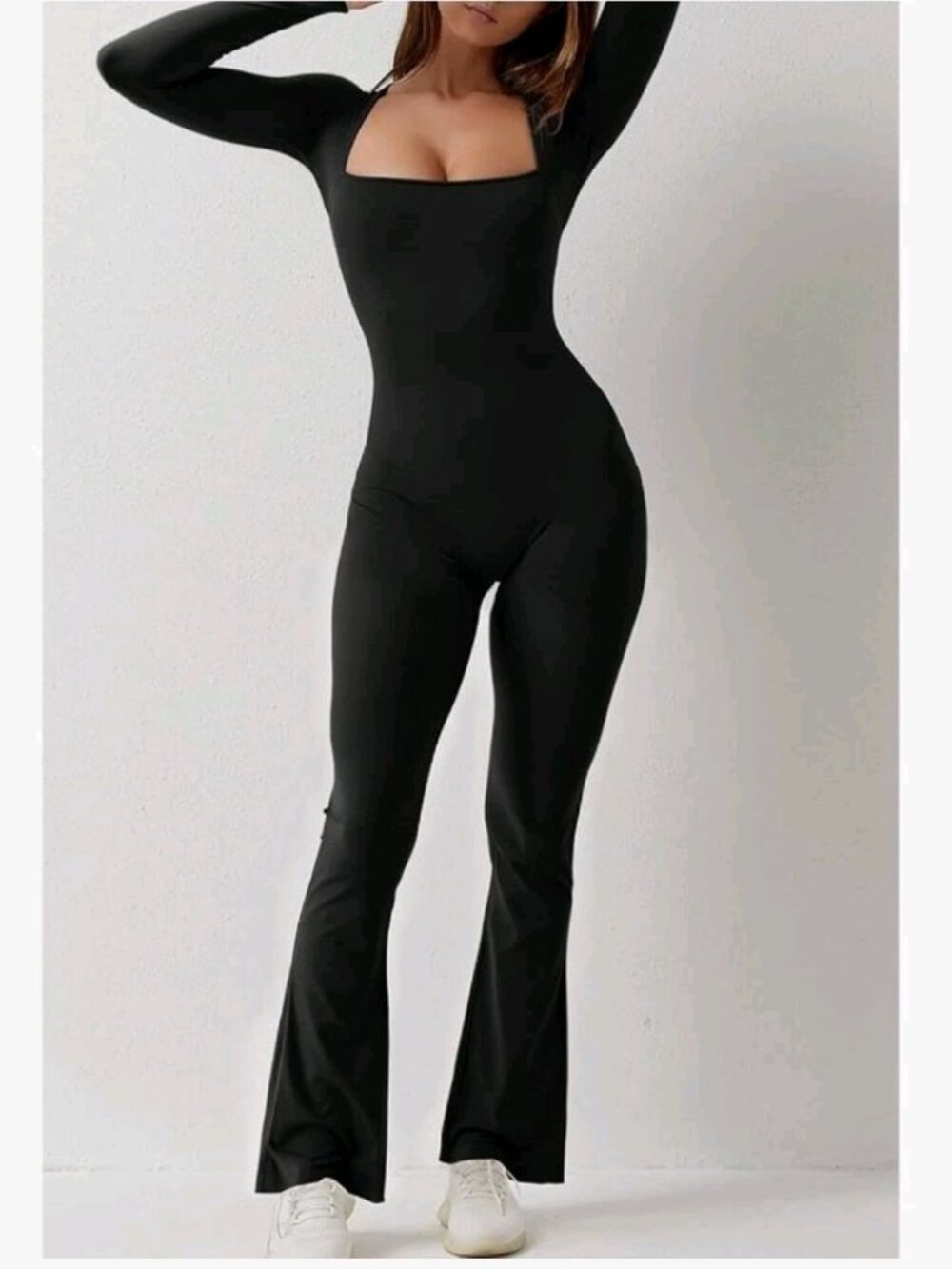 QINSEN Jumpsuit Women XL Square Neck Wide Leg Full Length Romper Playsuit Black - Picture 2 of 6
